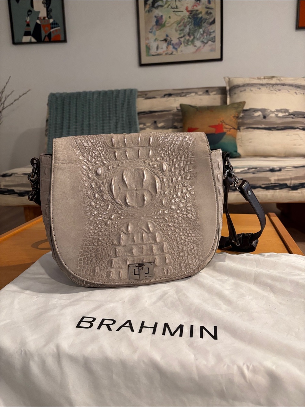 Brahmin Gray Taupe Croc-Embossed Saddle Crossbody